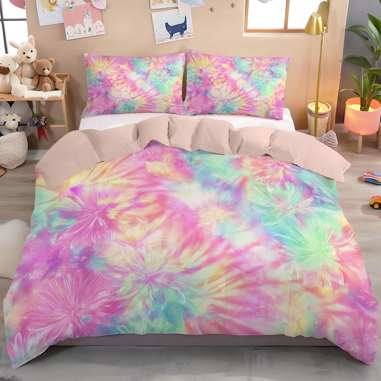 Parure de lit 2 personnes 200x200 tie-dye avec housse de couette en microfibre et taies