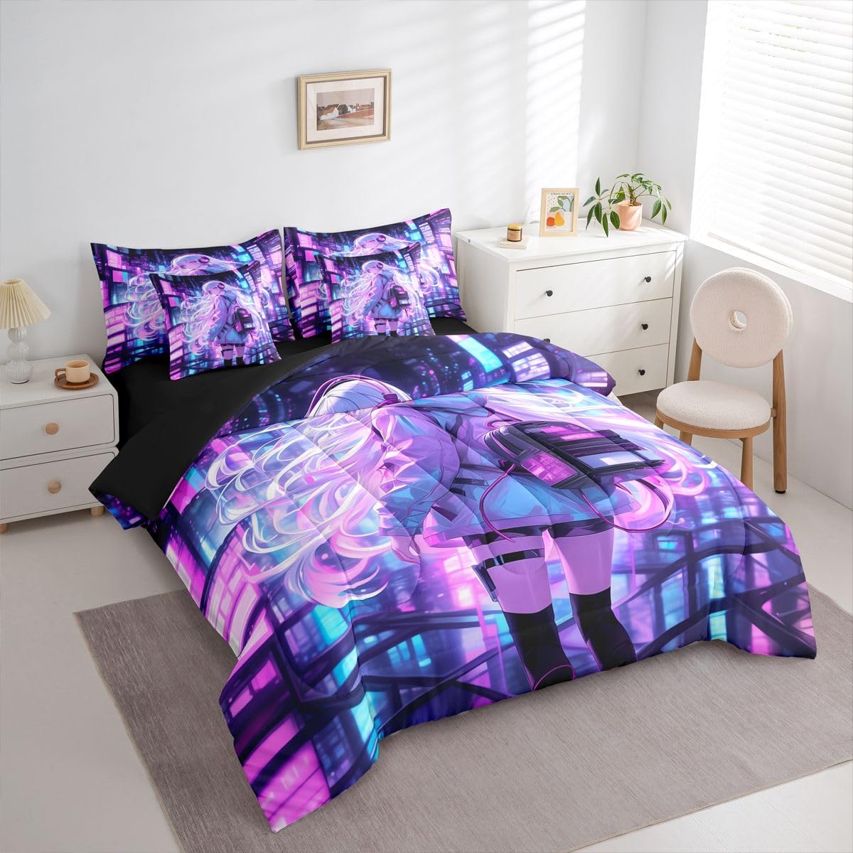 Erosebridal Japanese Girl Bed in A Bag Girly Anime Bedding Set for Kids,Sci Fi Style Gaming Queen Comforter Set 7 Piece Room Decor,3D Cartoon Anime Girl Bed Set