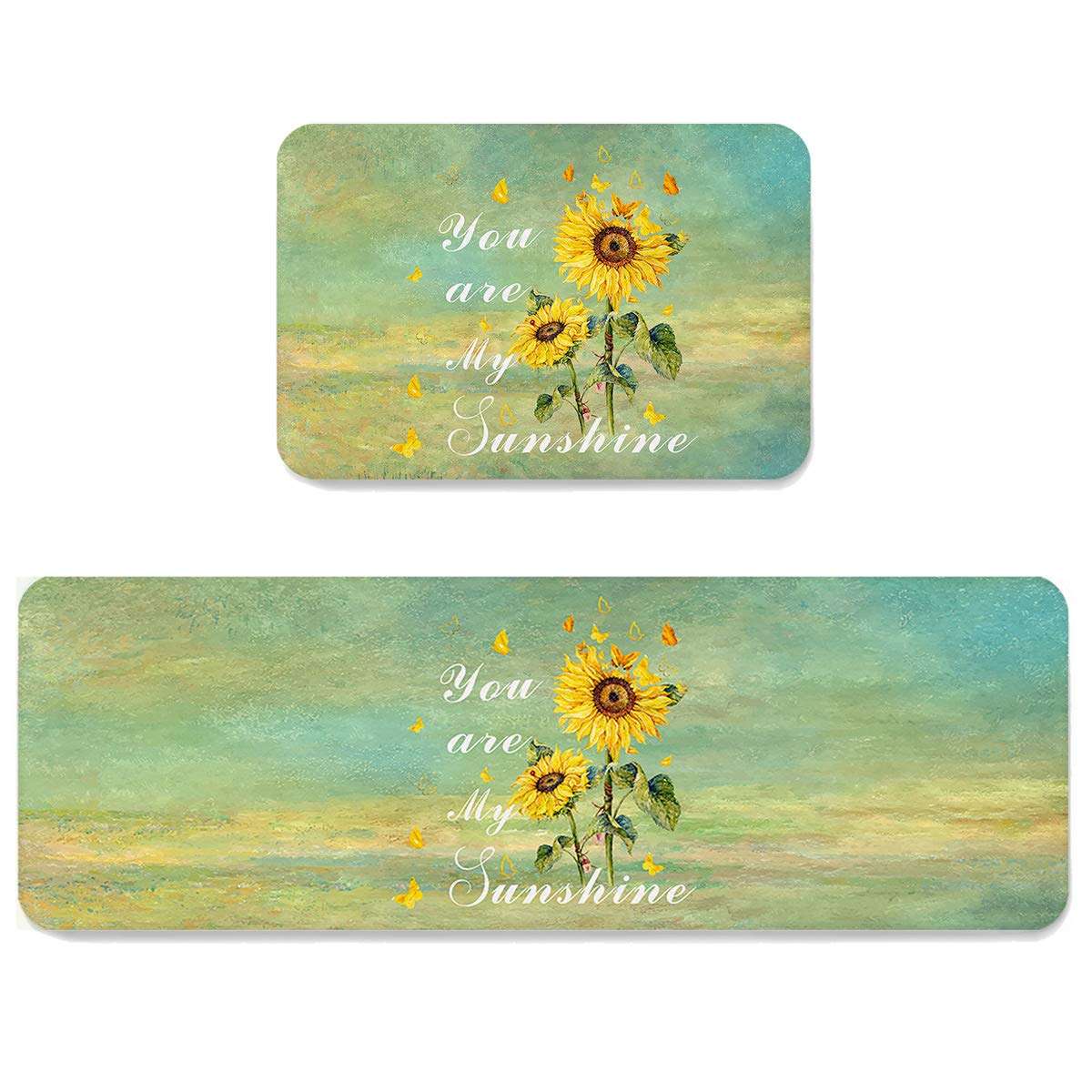 Sunflowers You are My Sunshine Kitchen Mats Cushioned Anti Fatigue 2 Piece Set Super Soft Ergonomic Kitchen Floor Mat for Home Office Standing Mat 19.7x31.5inch+19.7x47.2inch Farmhouse Green