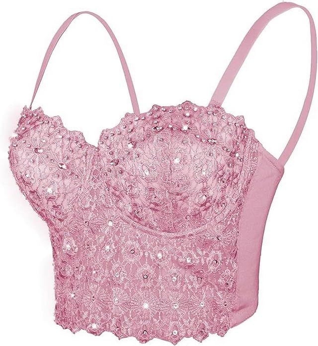 YCBENYANG Womens Rhinestone Bustier Top Corset Sexy Club Party Crop Lace Going Out Sleeveless Top Vest Bra with