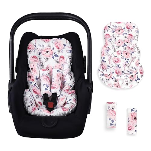 SWESEN Inserto de asiento de automóvil infantil con 2 almohadillas para correa, soporte súper suave para la cabeza y el cuerpo del asiento de Flor-1