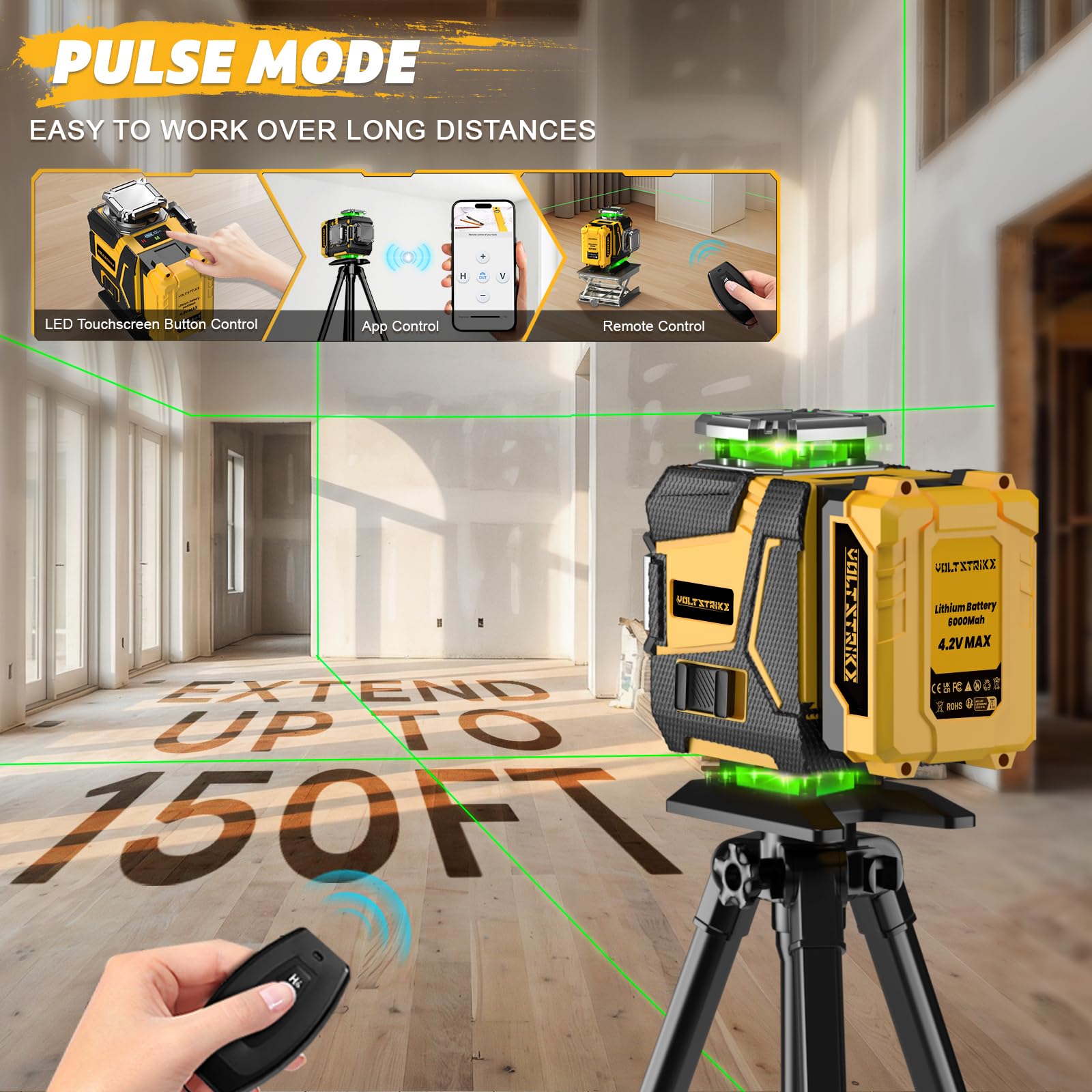 Niveau Laser 360 Autonivelant, 16 Lignes Lazer Niveaux Vert 4D, Laser Chantier avec trepied, 2 Batteries 4800mAh et Télécommande, IP54, pour Rénovation de Maison, Intérieur et Travaux Extérieurs