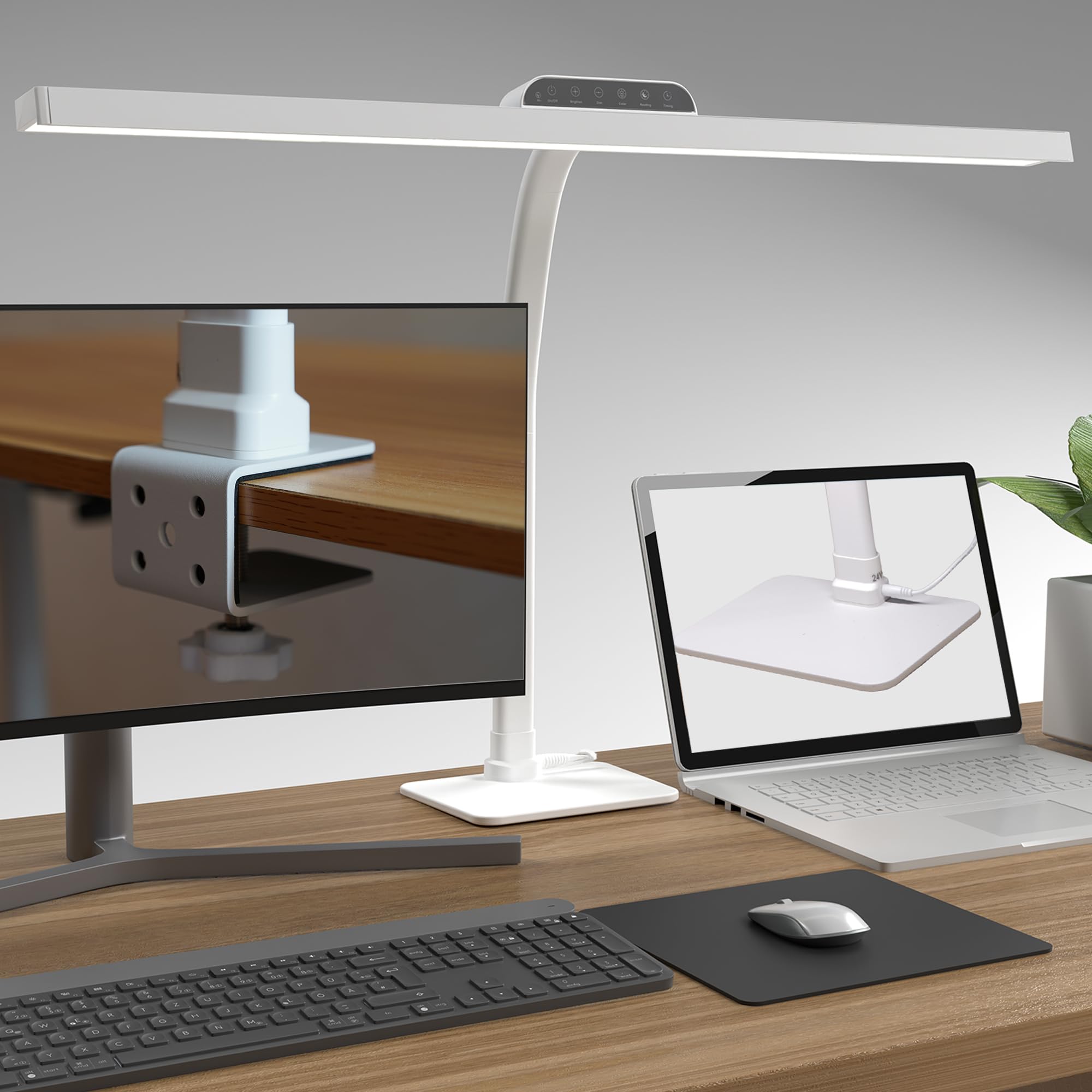 Lampada da Scrivania a LED con Filo,24W 80CM Luce da Scrivania Con Base e Montaggio a Morsetto,Bianco Lampada da Tavolo LED con Braccio Flessibile Dimmerabile,per Studiare, Lettura,Ufficio