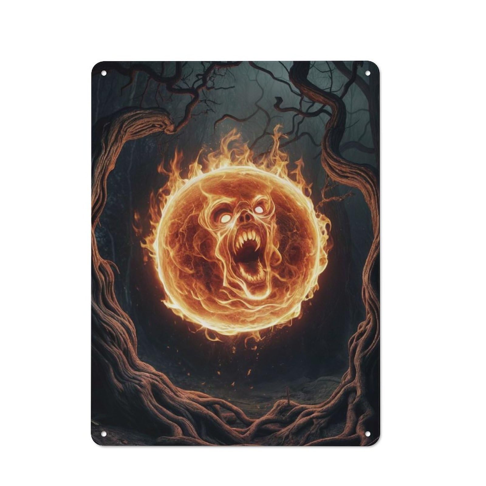 Junmoney Fiery Skull In Forest Decorative Metal Sign 40X30cm, Creative Studio Wall Plaque For Hobby Room, Office, Lounge Or Living Room