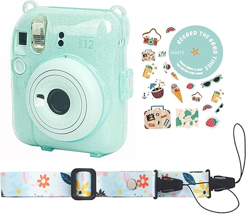Miniatura 7 de Funda de cristal transparente con purpurina para cámara Fujifilm Instax Mini 12, funda protectora ajustable para cámara de PC con bolsillo de