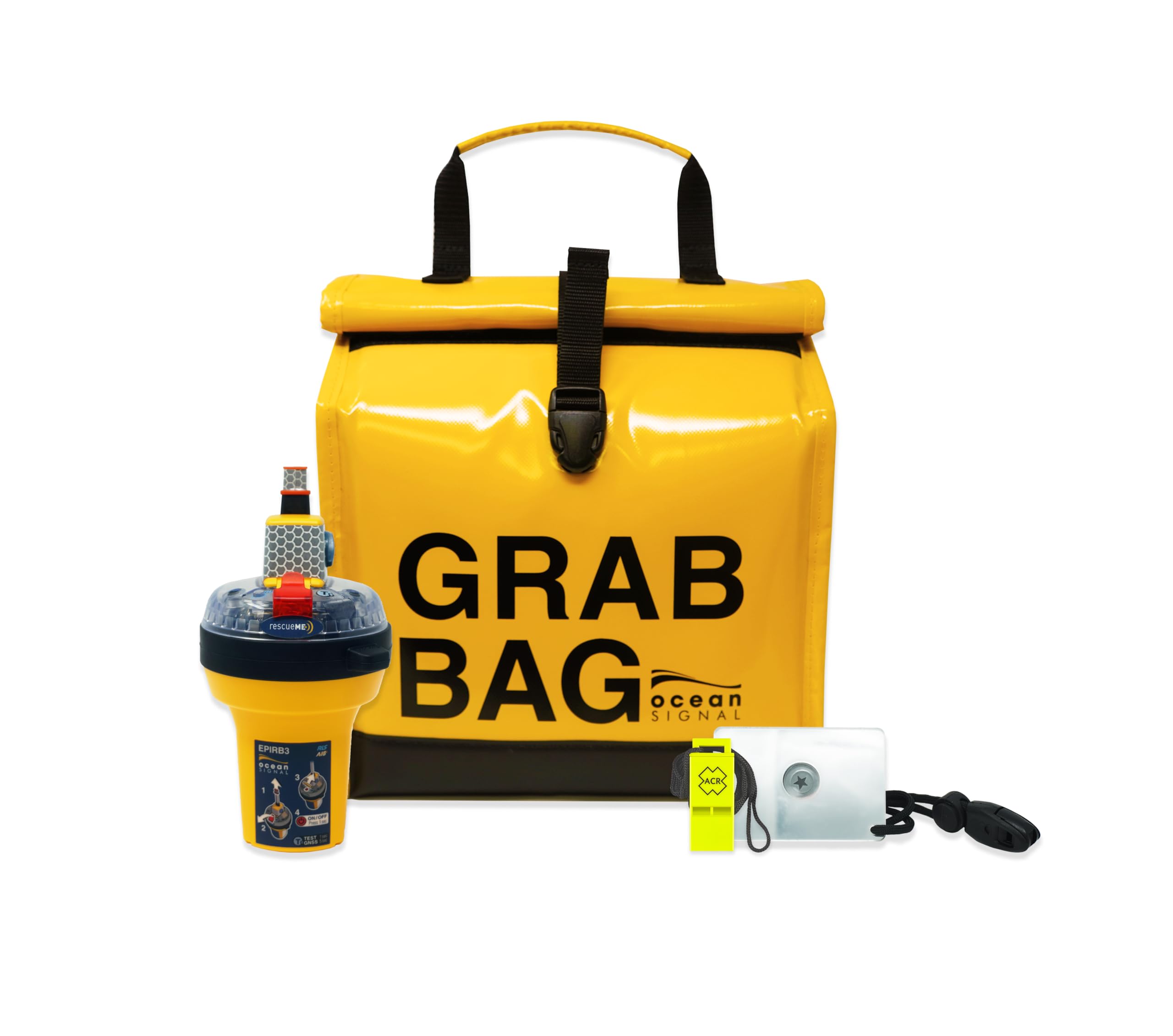 Ocean Signal rescueME EPIRB3 Sicherheits-Set: Notfunkbake mit AIS, RLS & GNSS – Inkl. Grab Bag, Signalspiegel & Pfeife – Globaler SOS-Notrufsender für Offshore-Segeln & Boot – Komplettes Seenot-Bundle