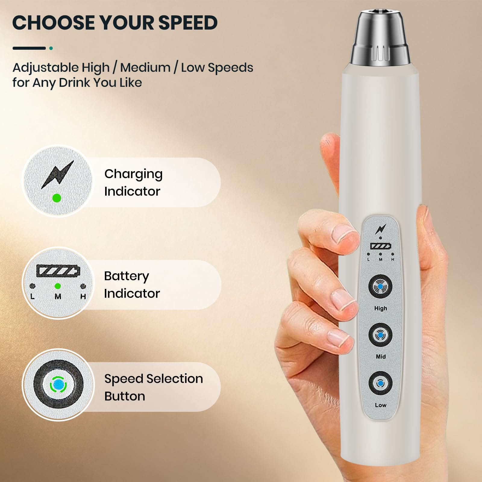Colarlemo Mousseur à lait portable rechargeable, fouet électrique pour café, amovible avec 3 fouets en acier inoxydable, mélangeur manuel pour latte, cappuccino, matcha, œuf, sans support, beige