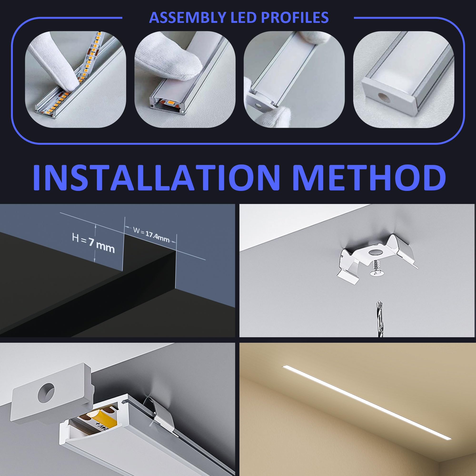 Profilé LED 1 m x 6 pièces Tot 6 m, 17,4 mm x 7 mm, Couvercle opaque mat PC, Bande LED max 12,4 mm