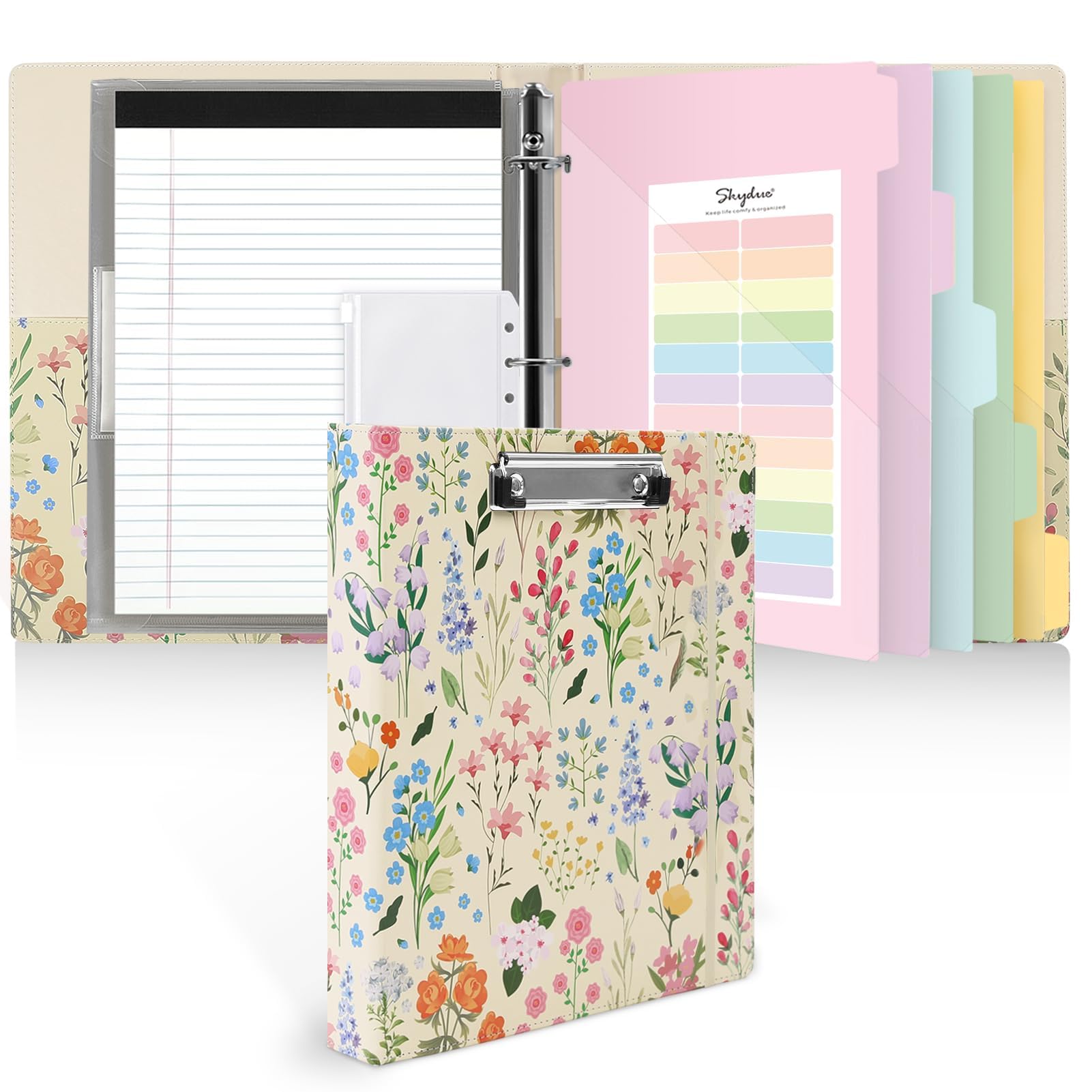 SKYDUE Raccoglitore a 3 anelli da 2,5 cm con portablocco, raccoglitore estetico in poliuretano con 5 divisori, blocco note, adesivi e tasche, per lavoro e scuola (dimensione lettera)