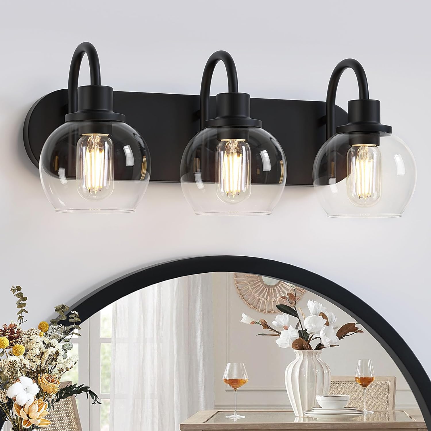 Bathroom Vanity Light,Modern 3-Light Bathroom Lighting Fixtures Over Mirror with Clear Glass Shade and Metal Base,Matte Black Bathroom Lighting 3-Light Black