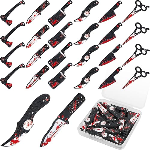 MIKIMIQI 24 Pcs Fake Knife Charms, Halloween Pendant Mini Resin Knives Beads for Women DIY Jewelry Making Crafting Halloween Charms with Box