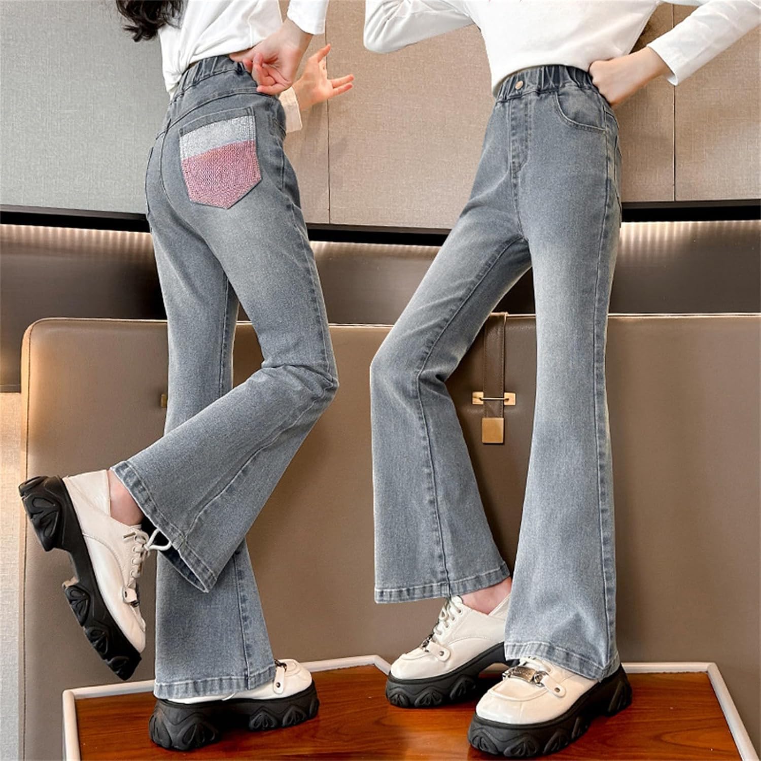 Girls Distressed Flare Jeans High Waisted Elastic Waist Denim Pants Tween Retro Bell Bottom Pants Vintage Bootcut Jeans