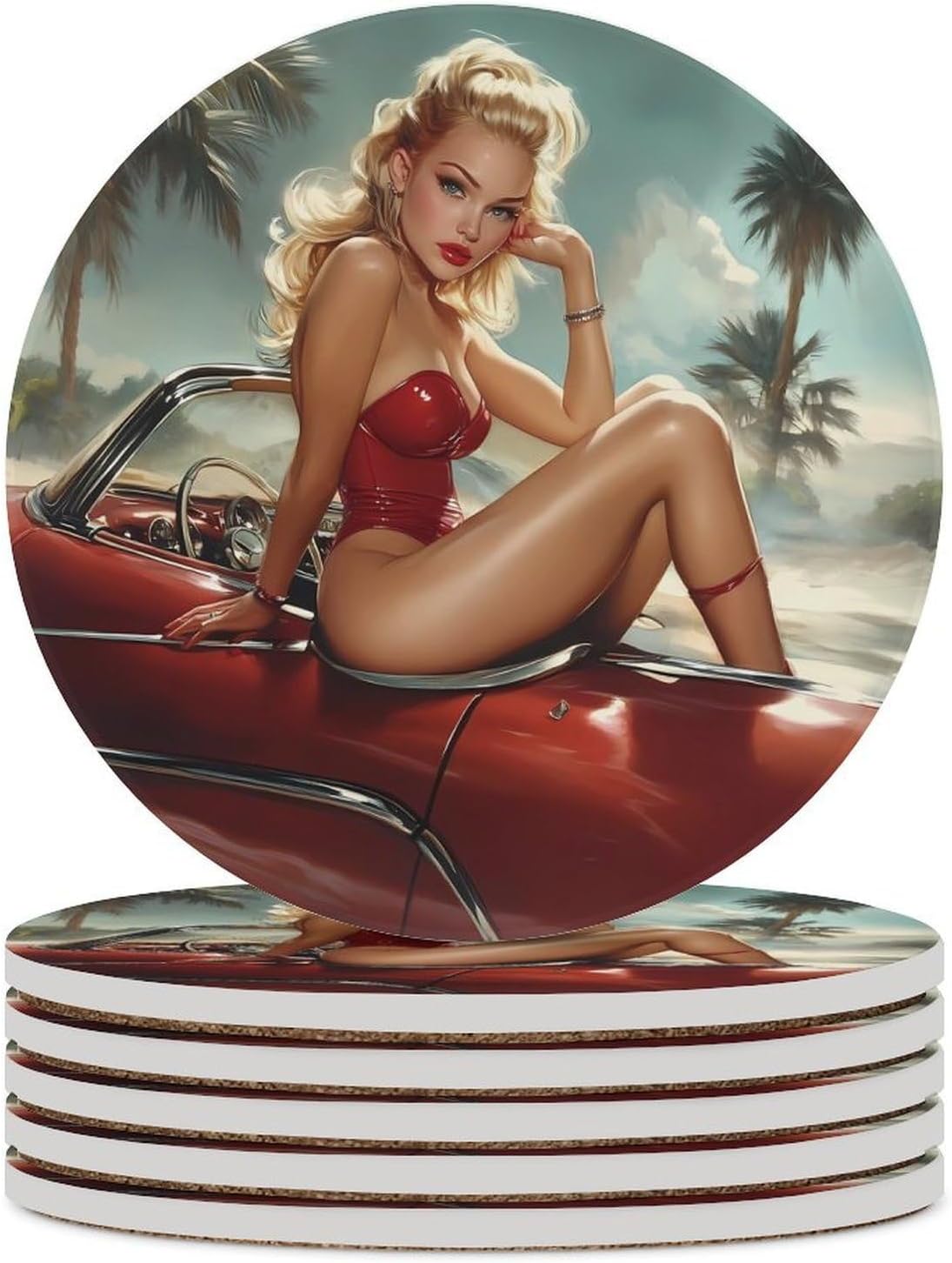 Pinup Hot Woman Vintage Car Round Ceramic Coasters Print Drinks Absorbent with Cork Base for Home Decor Gifts 4 Inch