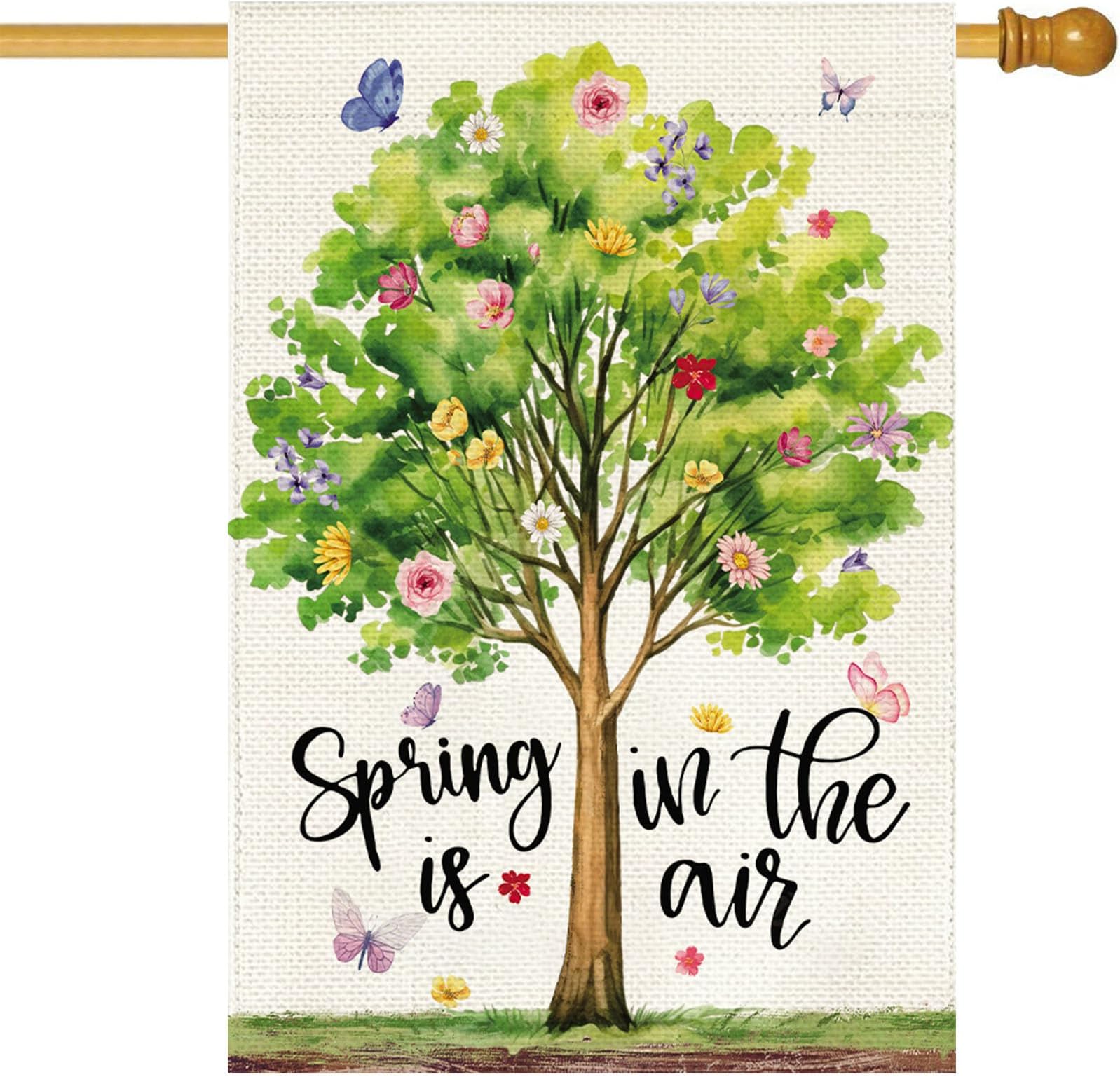 Baccessor Spring Summer House Flag 28 x 40 Inch Double Sided Burlap Green Tree Flowers Floral Flowers Farmhouse Large Yard Flag Seasonal Holiday Easter Outdoor Outside Decoration