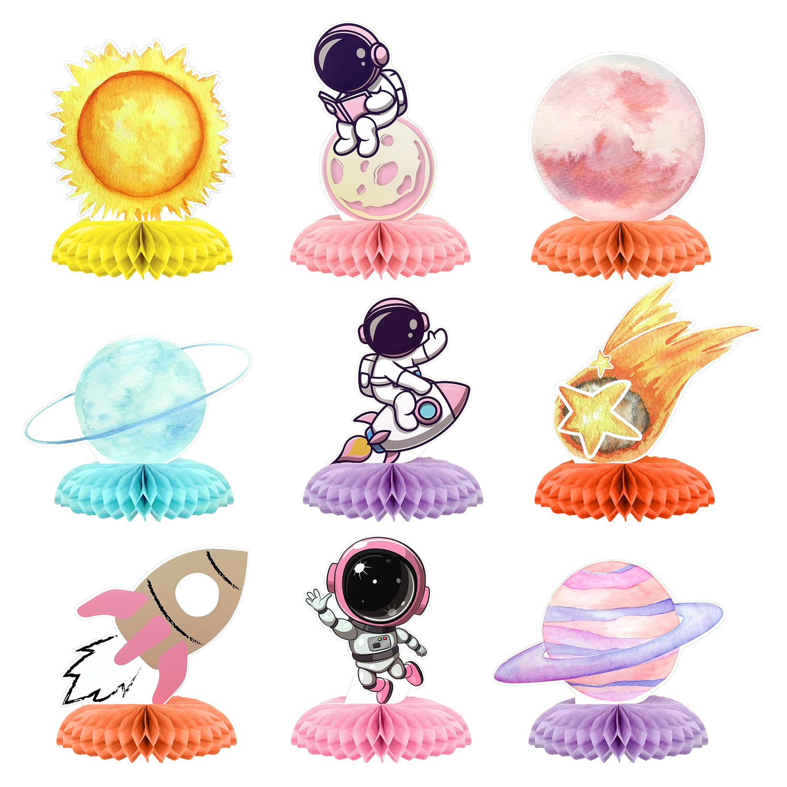 Lincia 9 Pcs Outer Space Honeycomb Centerpieces Two the Moon Birthday Party Decorations Girls Space Themed Honeycomb Table Centerpieces for Galaxy Planet Astronaut Party Supplies