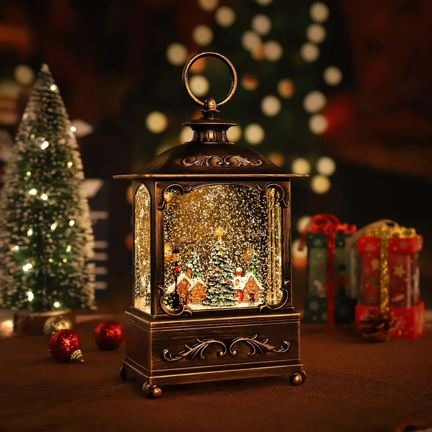 Christmas Lantern, Lit Christmas Snow Globe Lantern-with USB+ Music Christmas Water Lantern Snow Globe Portable Creative Cute Christmas Decorations and Charming Gifts(Forest House
