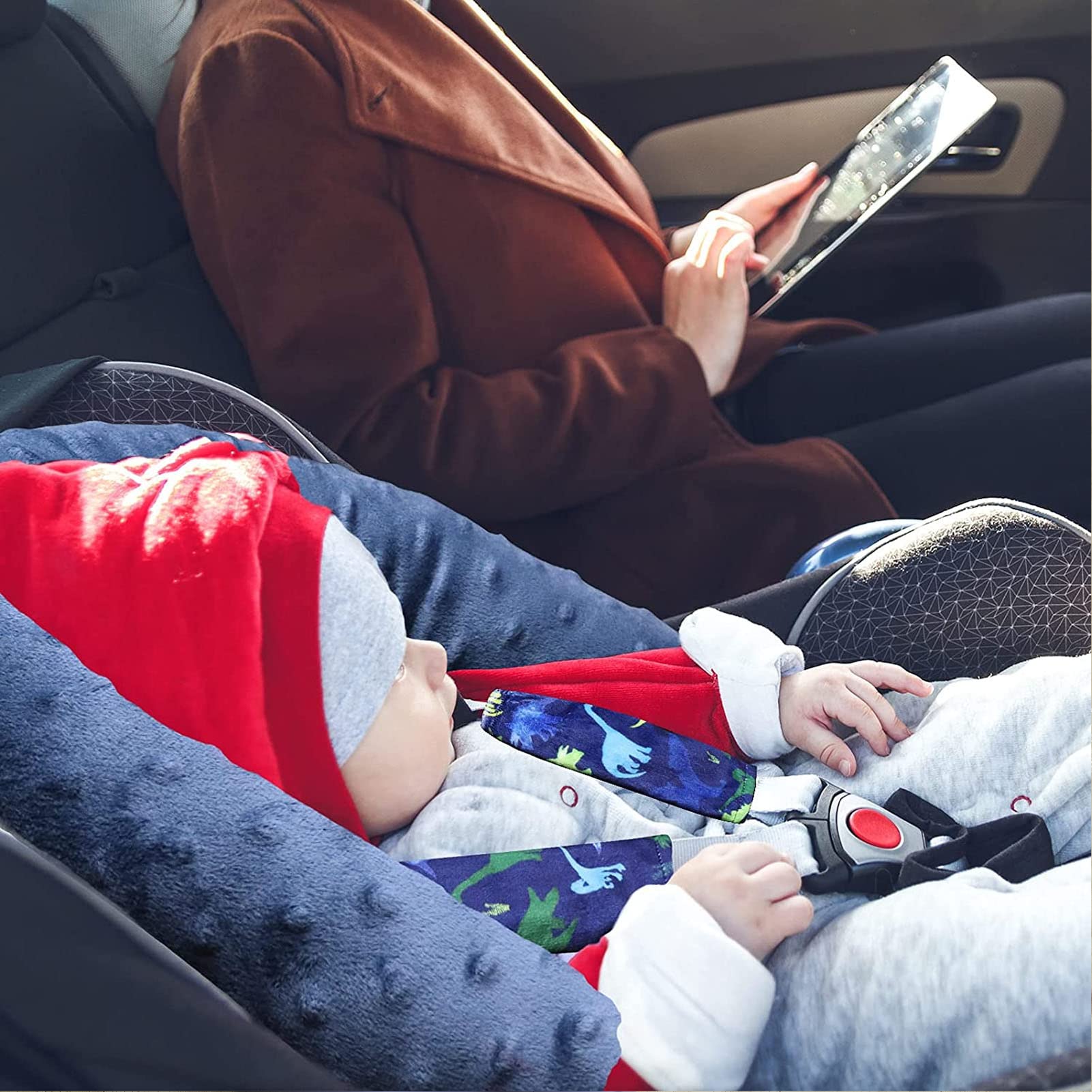 Kopfstütze und Gurtbezüge für Babyautositz, weiche Baumwolle, Autositzeinlage, für Kinderwagen, Wippe, Schaukel, blauer Dinosaurier