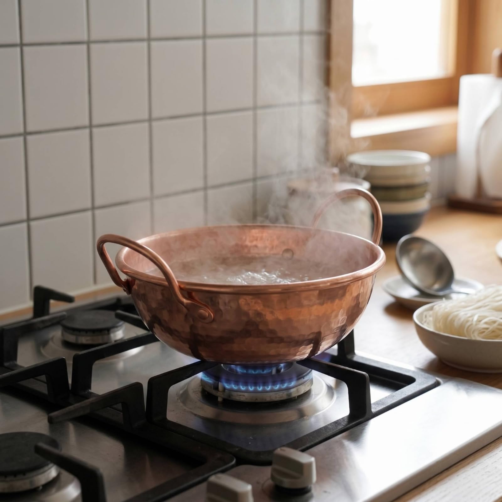 Manual Cazo Cobre Martillado Recipiente Cocina Olla Compacta con Exterior Pulido y Dos Asas para Preparar Cocinar Fideos Servir Platos Individuales en Estufa Hogar, Fondo Redondo, Engrosado