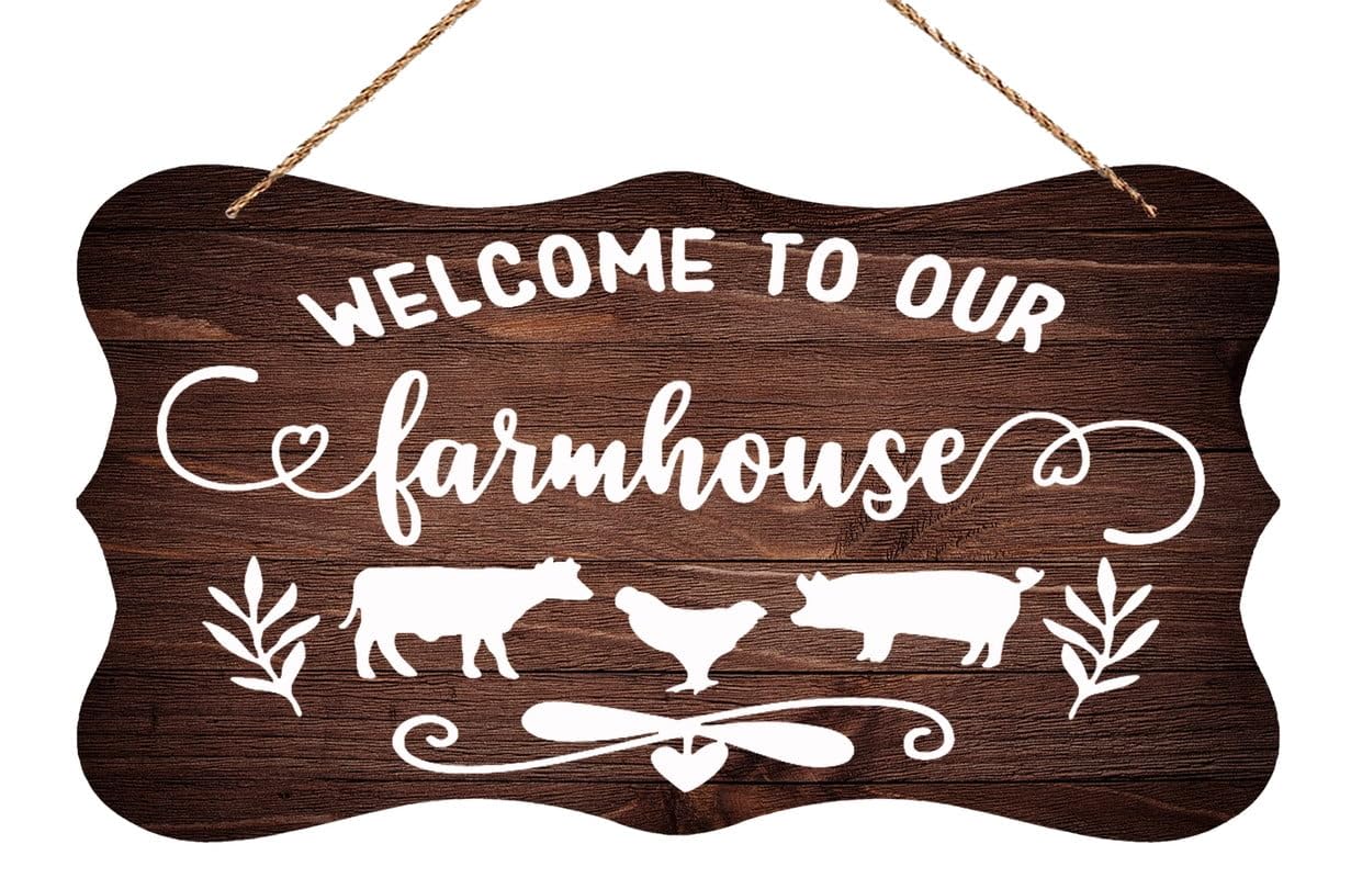 Hanging Farmhouse Wood Sign - Welcome to Our Farmhouse (with Cow Design), Rustic Wood Entryway Plaque, Bedroom/Living Room Decor 12x6 Inch