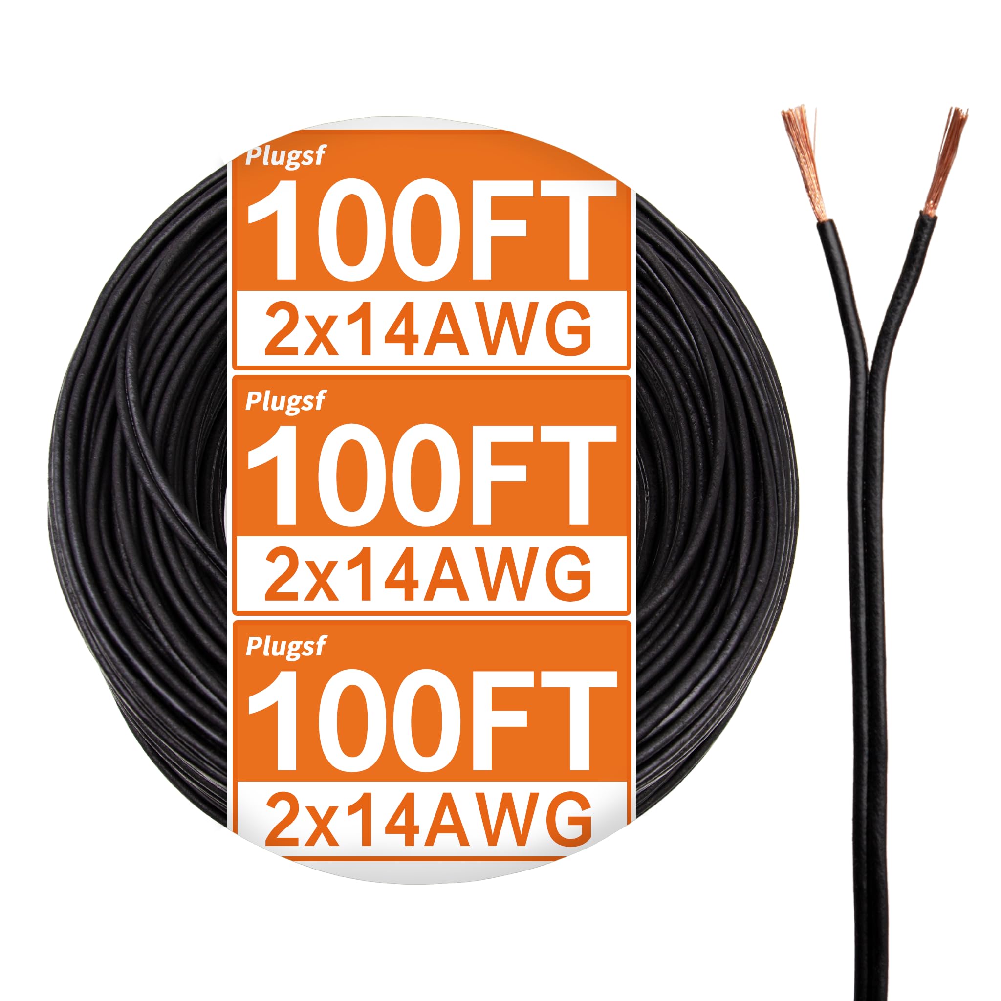 PlugSaf 14/2 Low Voltage Landscape Lighting Copper Wire,14 Gauge 2 Conductor Wire,Low Voltage 14 AWG Copper Extension Cord for Speaker, LED, Automotive 12V/24V DC(100FT)