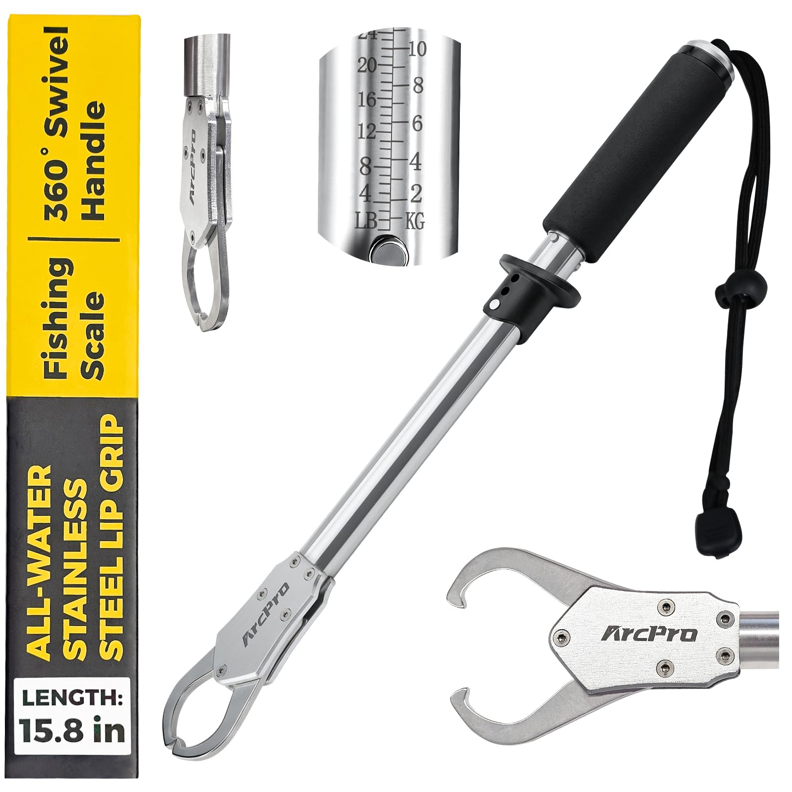 Photo 1 of Arcpro 2-in-1 Fish Lip Gripper, 15.8" Stainless Steel Fish Gripper with Scale, 60lb Weighing Fish Grabber, 360° Non-Slip Swivel Handle, Tool for Saltwater & Freshwater