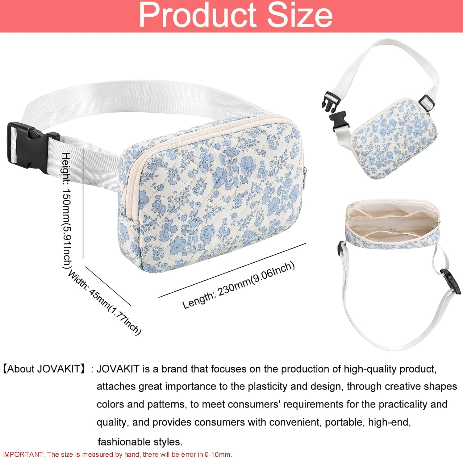 JOVAKIT Quilted Cotton Fanny Pack for Women Girls, Fashion Waist Packs with Adjustable Strap, Floral Coquette Running Waist Packs, Zipper Fanny Pack Crossbody Bags Travel Storage Bag (Blue) - Image 5