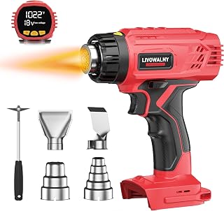 LIVOWALNY Heat Gun Compatible with Milwaukee 18V Battery (Tool Only) 350W Cordless Battery Powered Heat Gun 122℉~1022℉ (50℃~550℃) - 18V Variable Temperature Control LED Digital Display