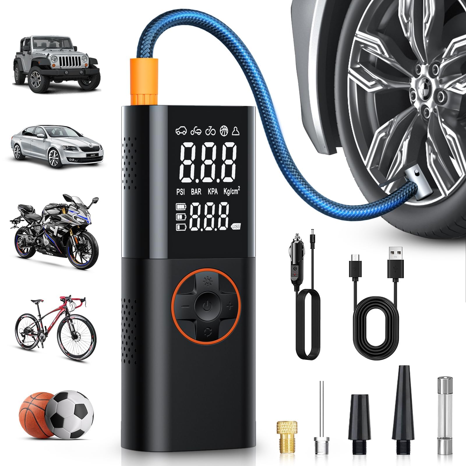 ZGZUXO Tire Inflator Portable Air Compressor, Cordless Battery and 12V DC Dual Power Air Pump for Car Tires, 150PSI Bike Tire Pump with Pressure Gauge LCD Dual Screen for Car Bike Motor Ball