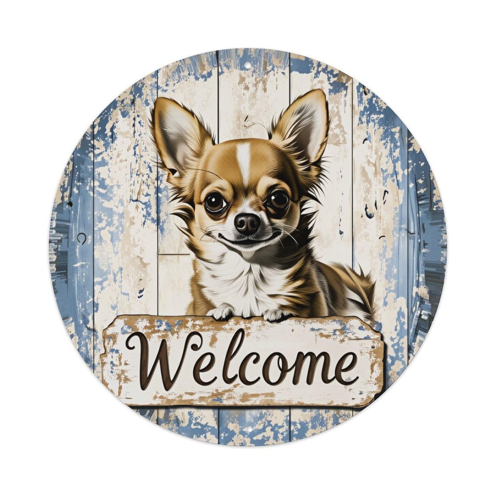 Chihuahua Welcome Sign Wood Pattern Round Tin Sign Retro Metal Sign for Cafe Bar Pub Home Game Room Gym Club Wall Decoration Vintage Metal Poster 8x8 Inch