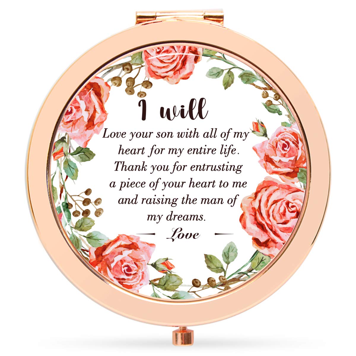Onederful Mom Gifts from Bride，Rose Gold Compact Makeup Mirror Birthday Wedding Keepsake Ideas for Mother of The Groom，Present for her-I Will Love Your Son meigui