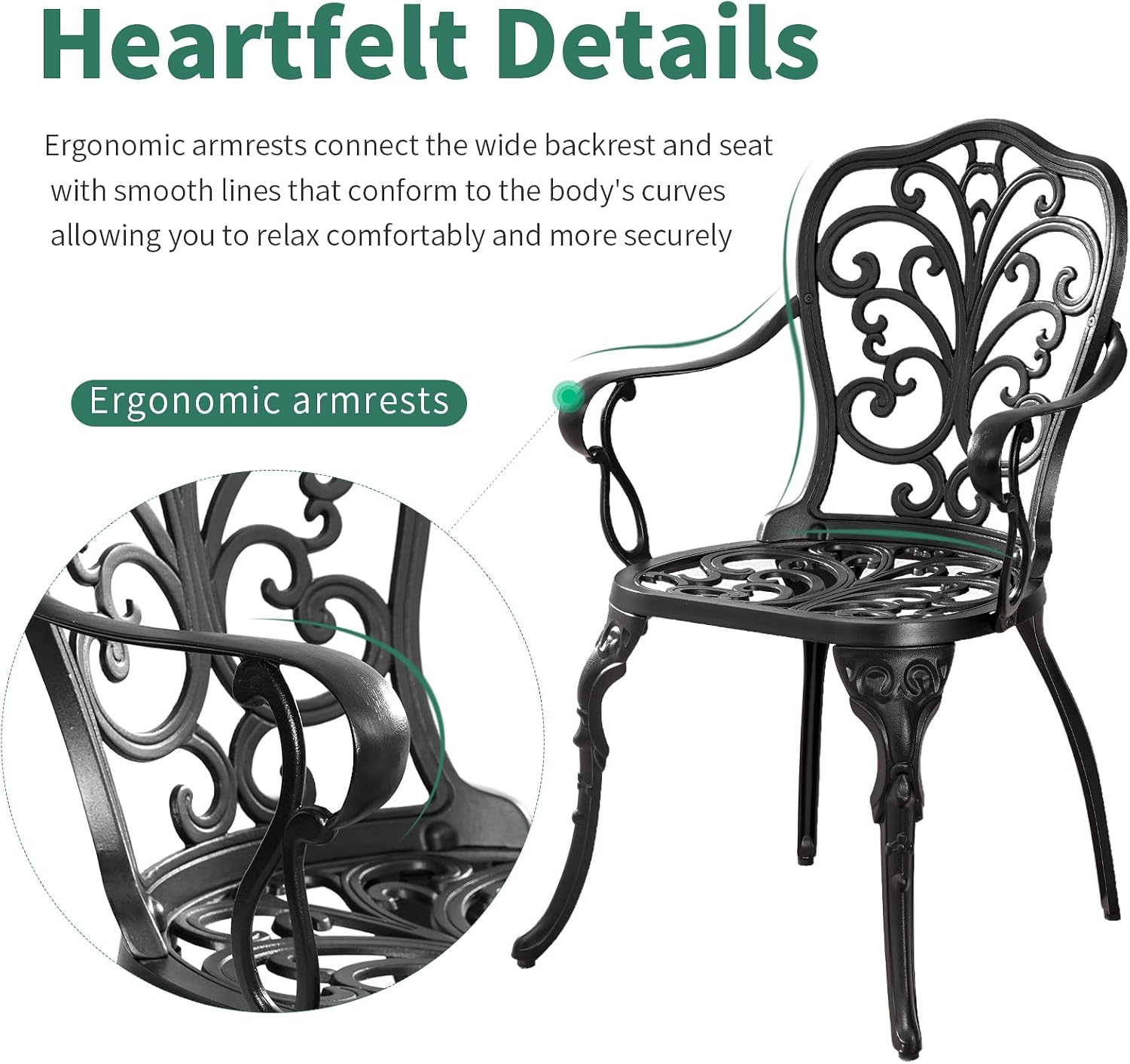 3 Piece Cast Aluminum Bistro Set Outdoor Patio Bistro Table and 2 Chairs, All Weather Garden Table and Chairs for Front Porch, Balcony, Backyard