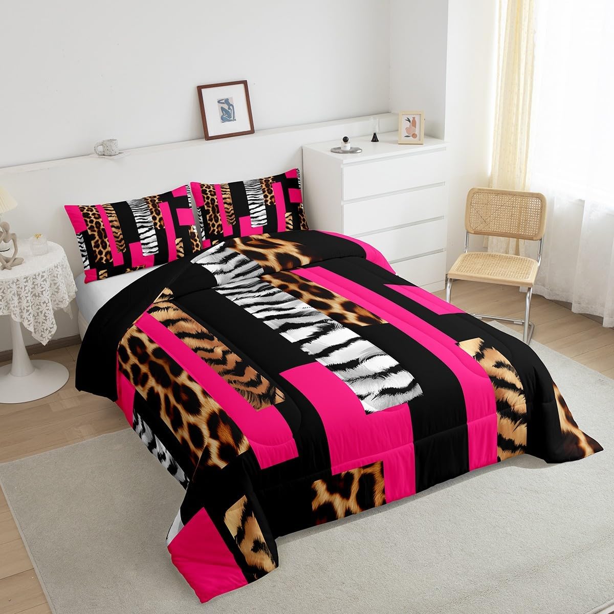 Feelyou Leopard Comforter Set for Kids Boys Girls Cheetah Hot Pink Black Comforter Full Size Animal Fur Print Bedding Set Bedroom Decor Safari Duvet Set Zebra Quilt Set 3Pcs