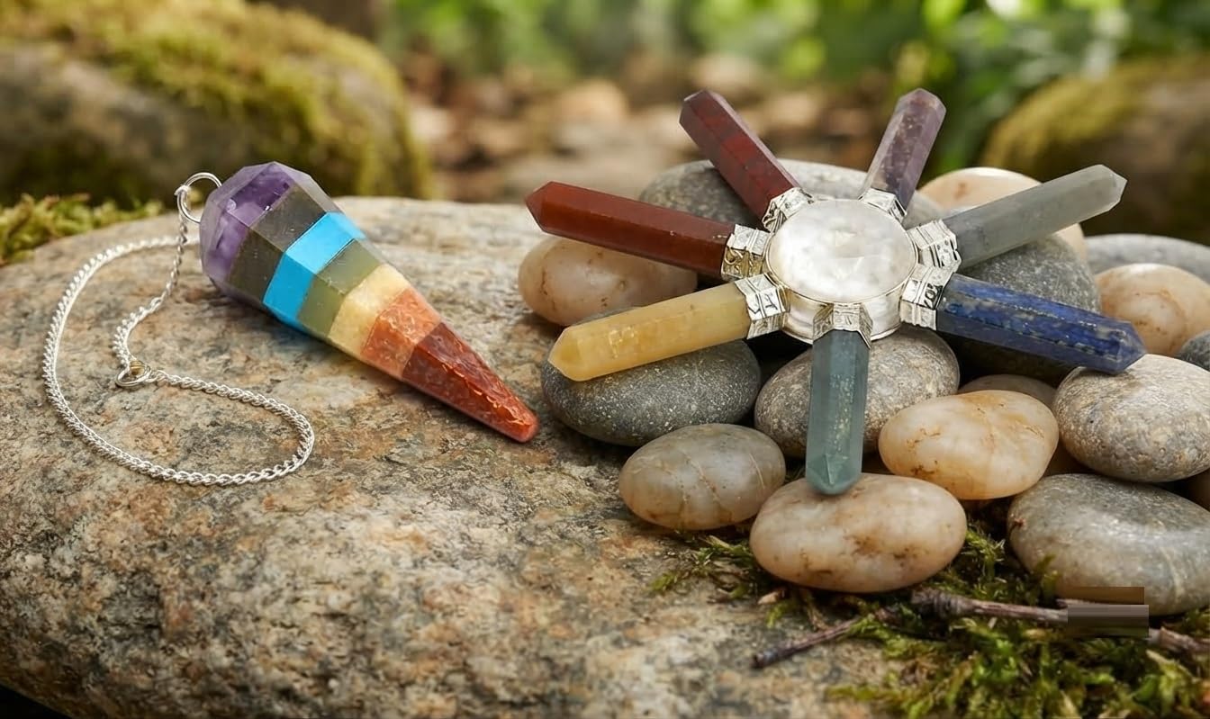 KULIA Péndulo de siete chakras con generador de pirámide, piedra preciosa natural