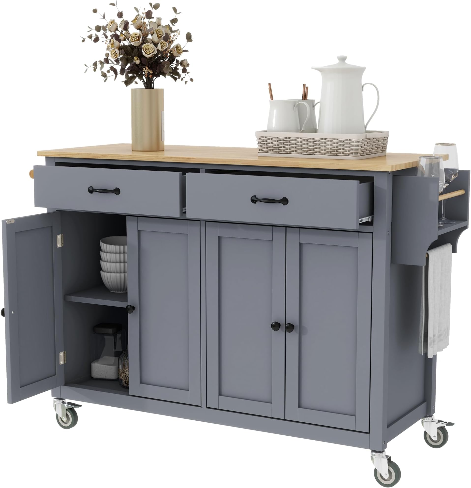 LUMISOL Rolling Kitchen Island with Drawers, Portable Island witth Storage Cabinets, Mobile Kitchen Cart on Wheels with Solid Wood Top, for Dining Room Living Room, Grey Blue