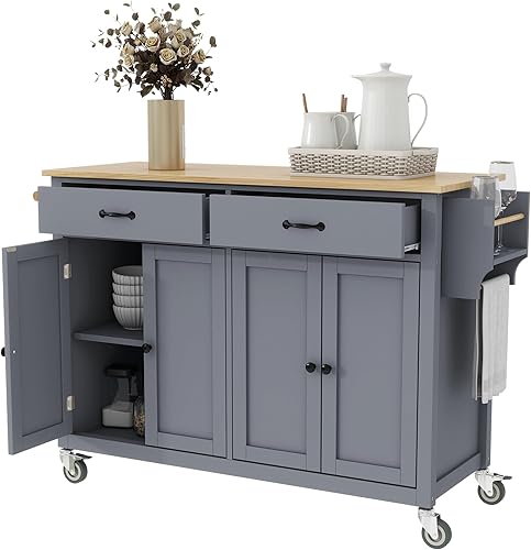 Miniatura 175 de LUMISOL Carrito de isla de cocina con ruedas de bloqueo con 2 cajones y 4 gabinetes, isla de cocina rodante con estantes ajustables, mesa de madera