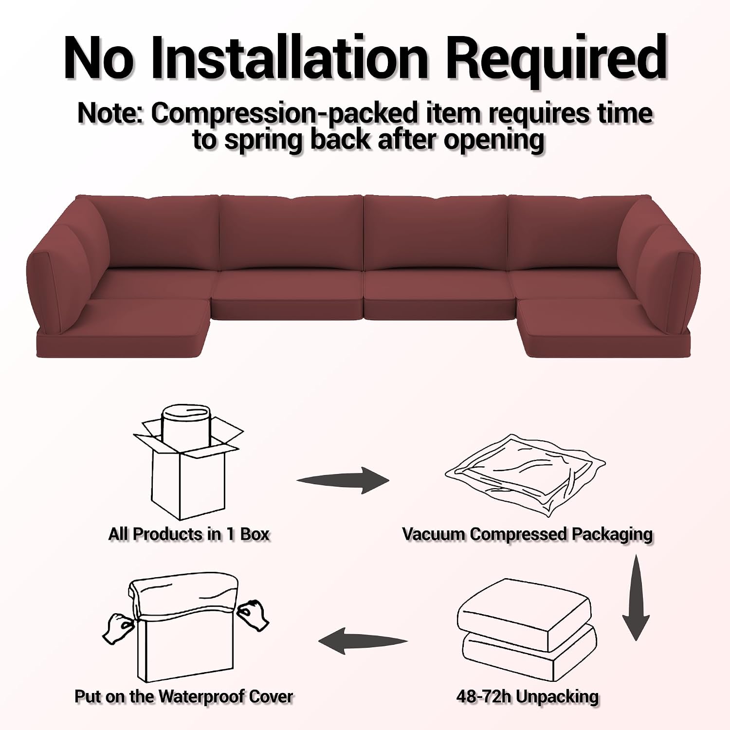 14-Piece Outdoor Replacement Cushions for Patio Furniture, Deep Seat Cushions for 6-Seat Sectional Rattan Sofa, Water-Resistant Couch Cushion Set with Non-Slip Backing, Claret Red