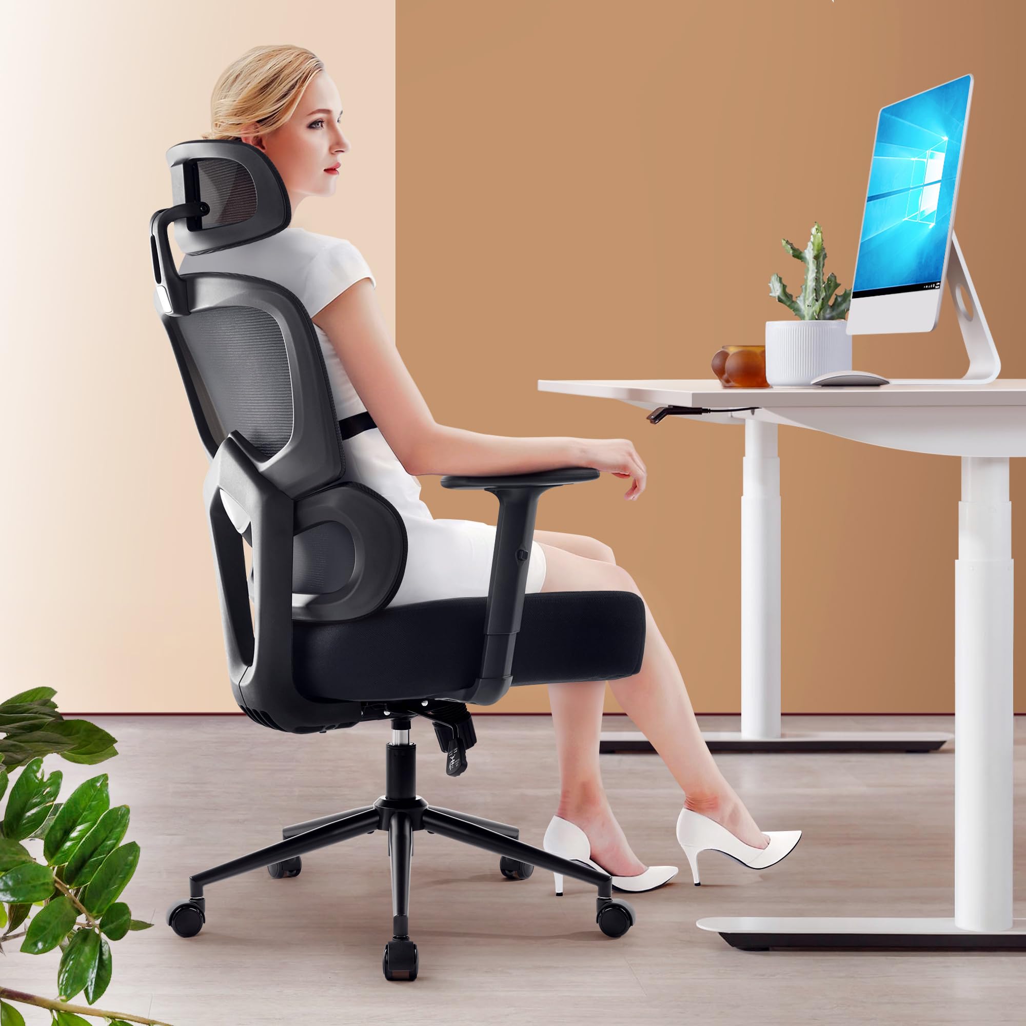 IWMH Silla de oficina ergonómica con reposacabezas ajustable, soporte lumbar, silla giratoria con función basculante de malla, silla giratoria para ordenador, silla giratoria contra el dolor de