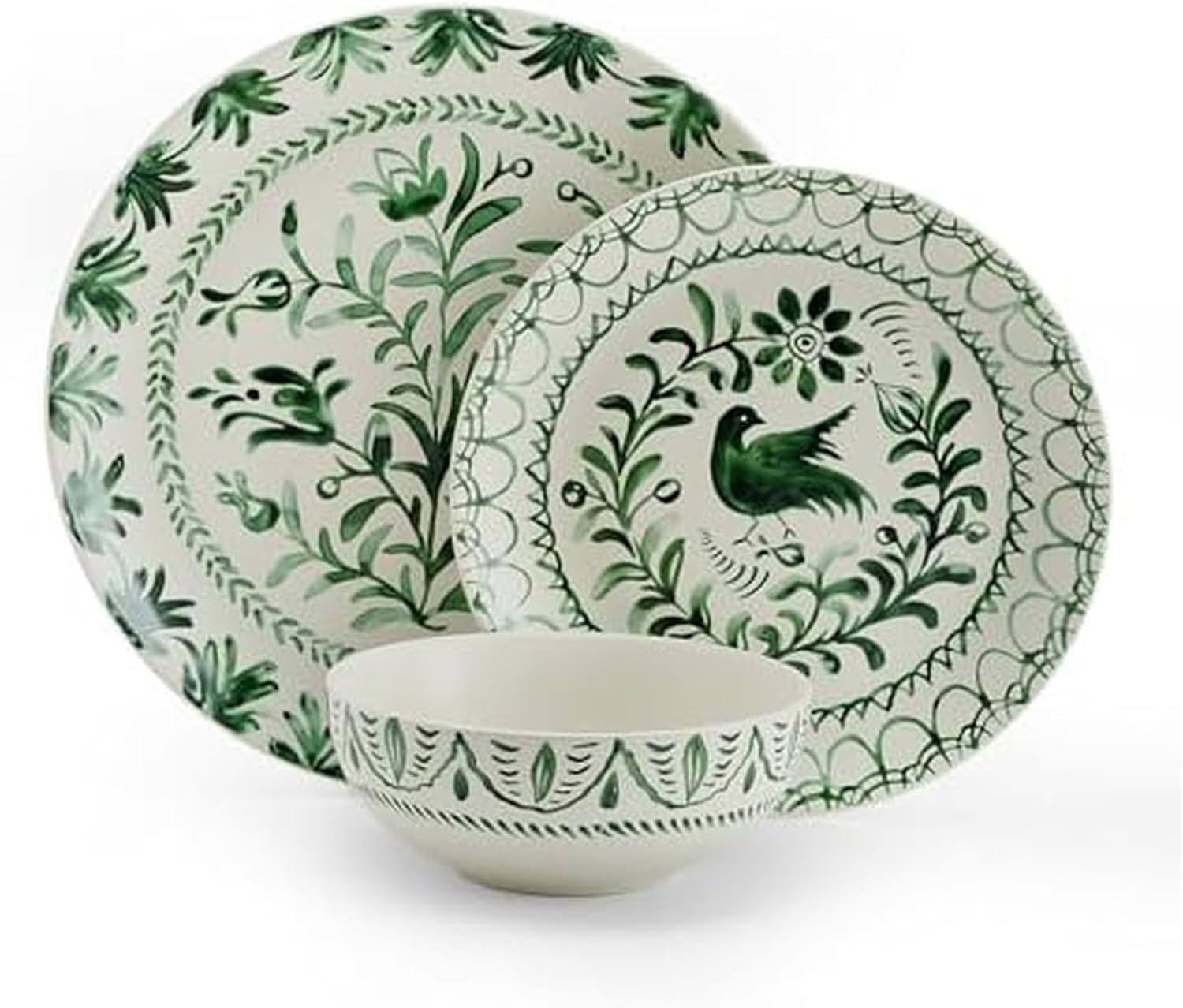 Fitz and Floyd Sicily Green 12-Piece Dinnerware Set - Stoneware Plates and Bowls Set for 4, Floral Green and White Dish Set, Microwave and Dishwasher Safe