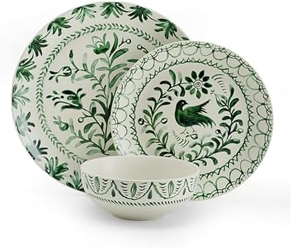 Fitz and Floyd Sicily Green 12-Piece Dinnerware Set - Stoneware Plates and Bowls Set for 4, Floral Green and White Dish Set, Microwave and Dishwasher Safe