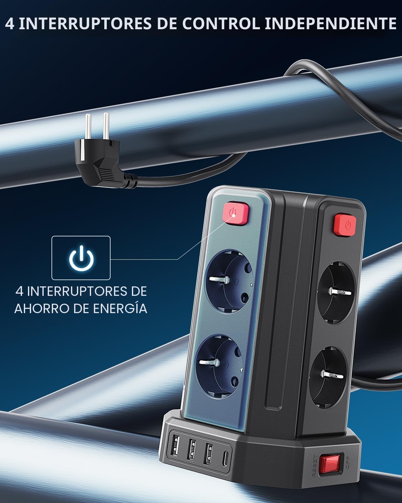 Torre Regletas Enchufes con Cable 3M, Regleta USB 8 Tomas de AC Corrientes y 4 USB, 2500W/10A, Regreltas Vertical con Interruptor para Mesa, Oficia, Casa…