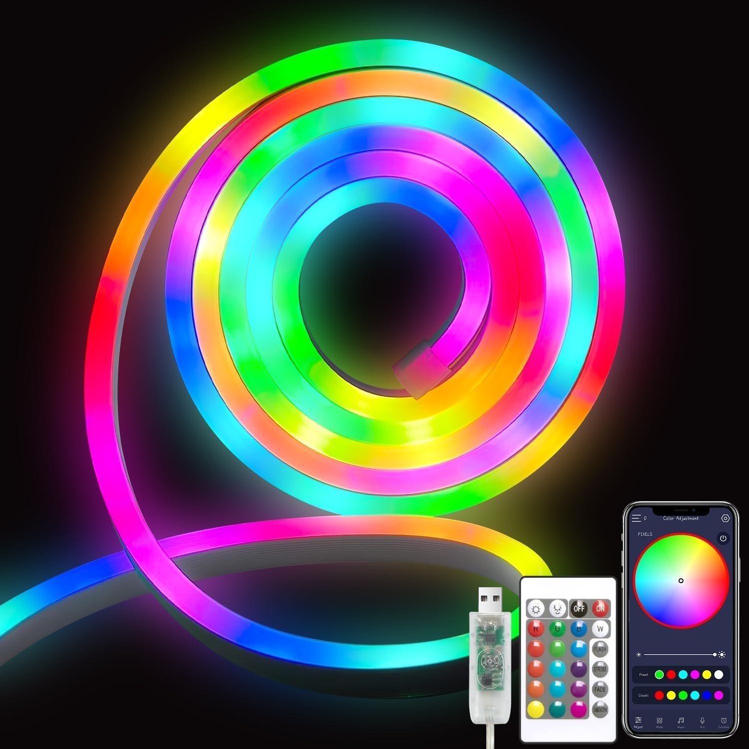 RGB IC Neon LED Light Strip 5V USB Powered with Remote, App and Button Control, IP67 Waterproof Flexible Rope Light