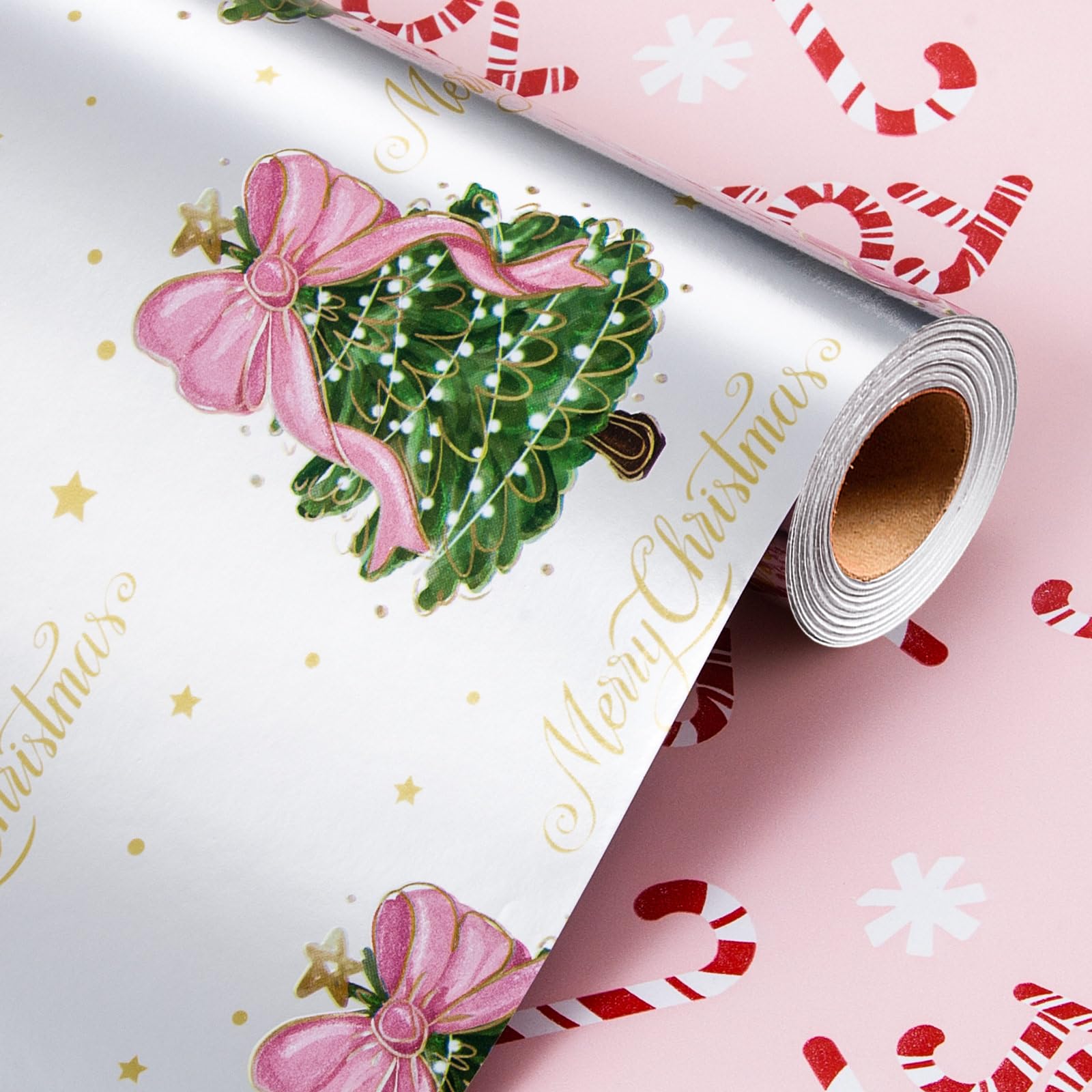 Wikadlik Reversible Christmas Wrapping Paper - Green Christmas Tree with Cute Pink Bow Candy Cane Design Silver Gift Wrap Paper - 43cm x 10m โ image 1