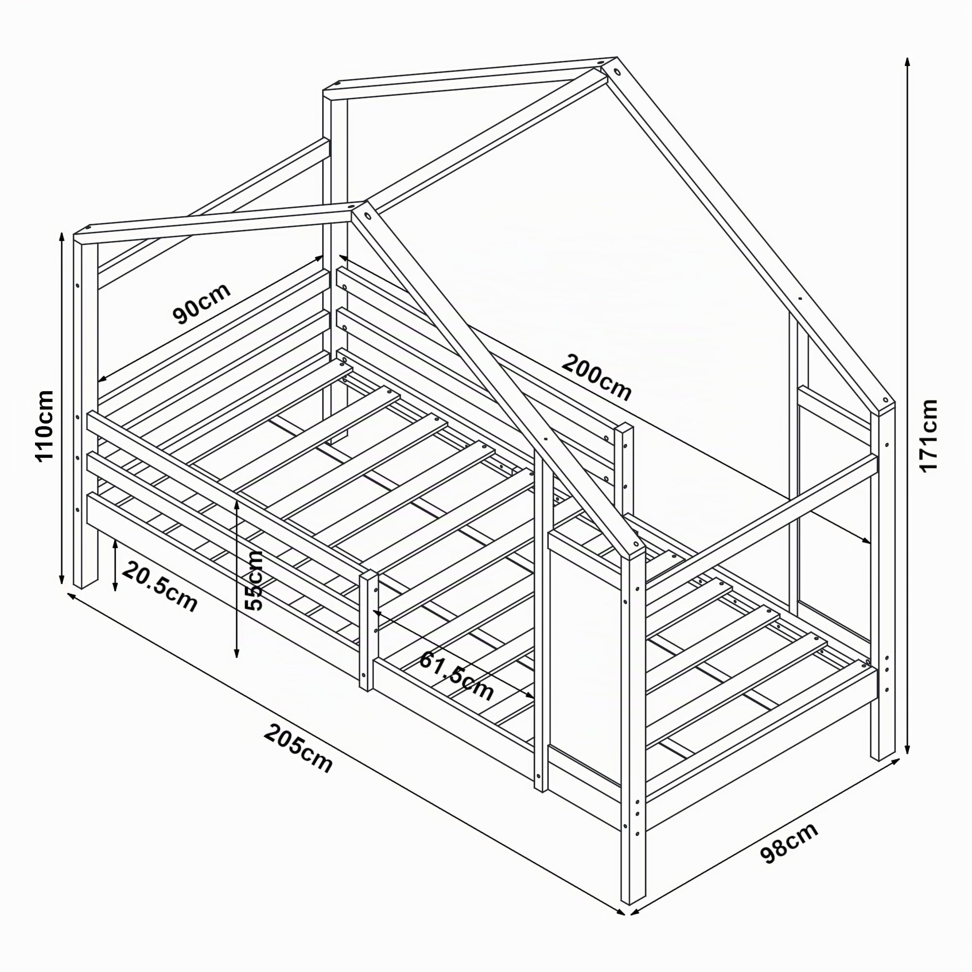 [en.casa] Letto a Casetta per Cameretta con Barriera Anticaduta Letto Singolo in Legno di Pino 90 x 200 cm con Sbarre di Protezione per Bambini - Bianco
