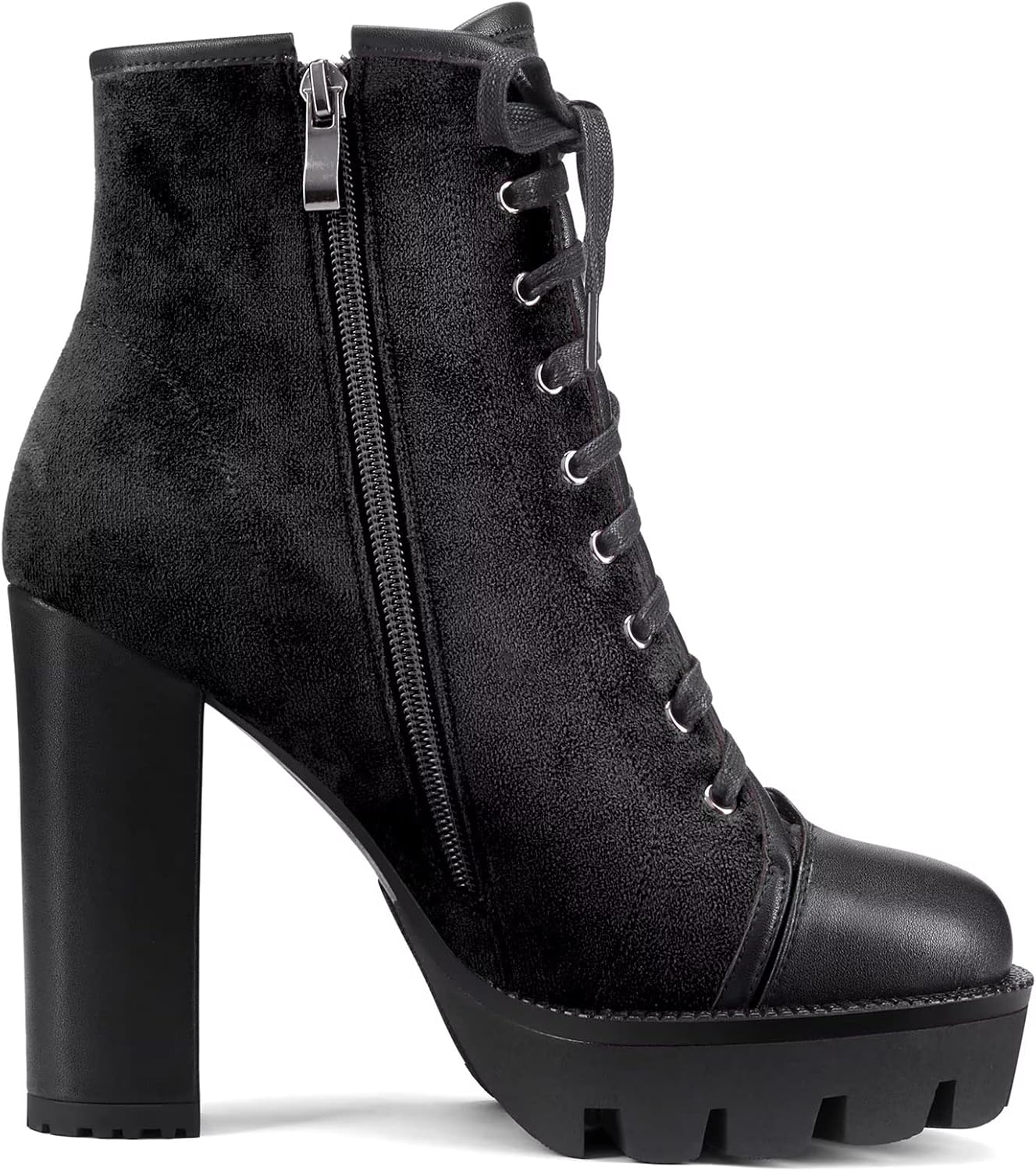 HDEUOLM Women High Chunky Block Platform Heel Round Toe Lace-up Zipper Ankle Boots Short Bootie Shoes