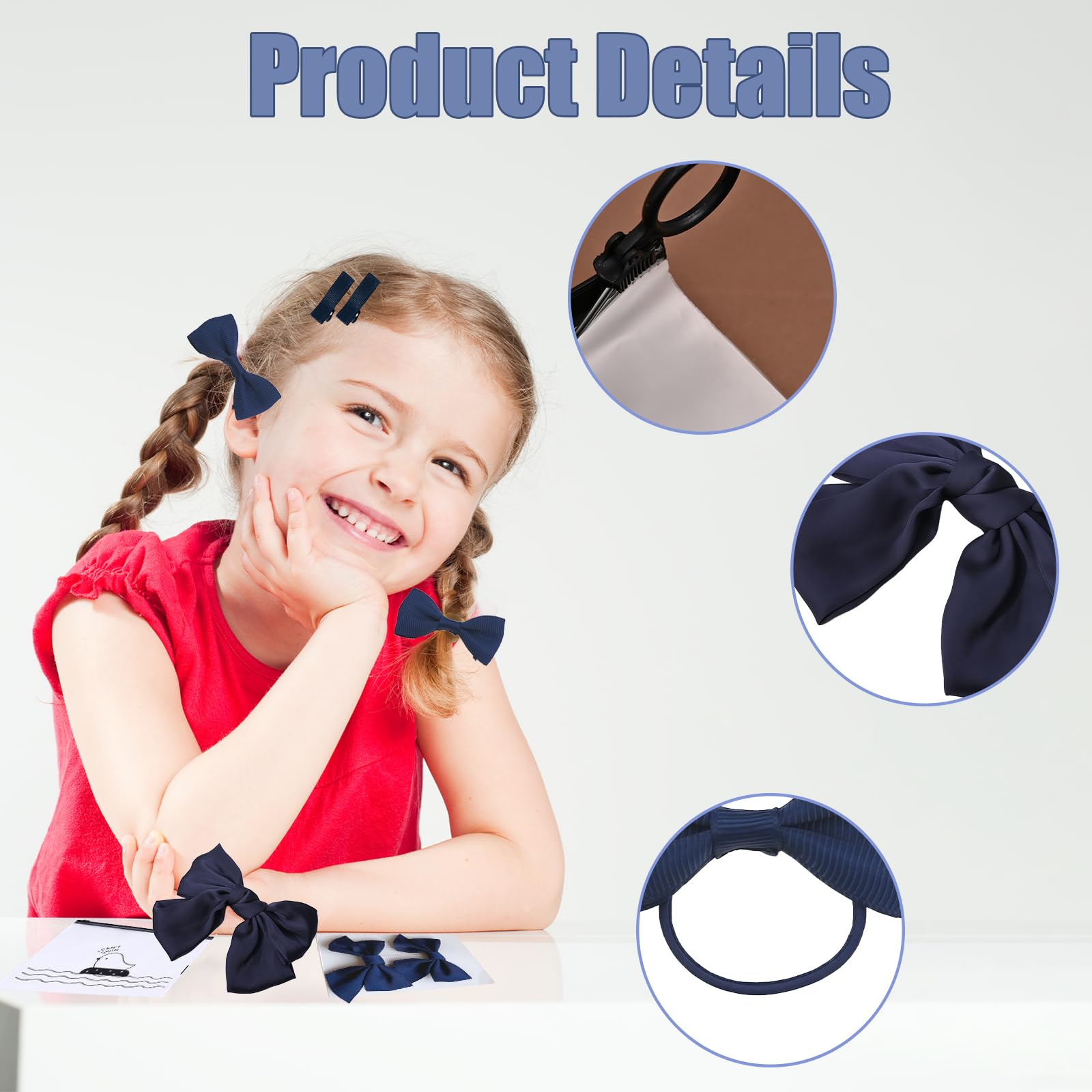 GWAWG 19 Pcs Navy Blue School Hair Accessories, Hair Bobbles, Small Bow Clips, Large Hair Bow, Mini Snap Clips, for Kids Toddlers - Image 3
