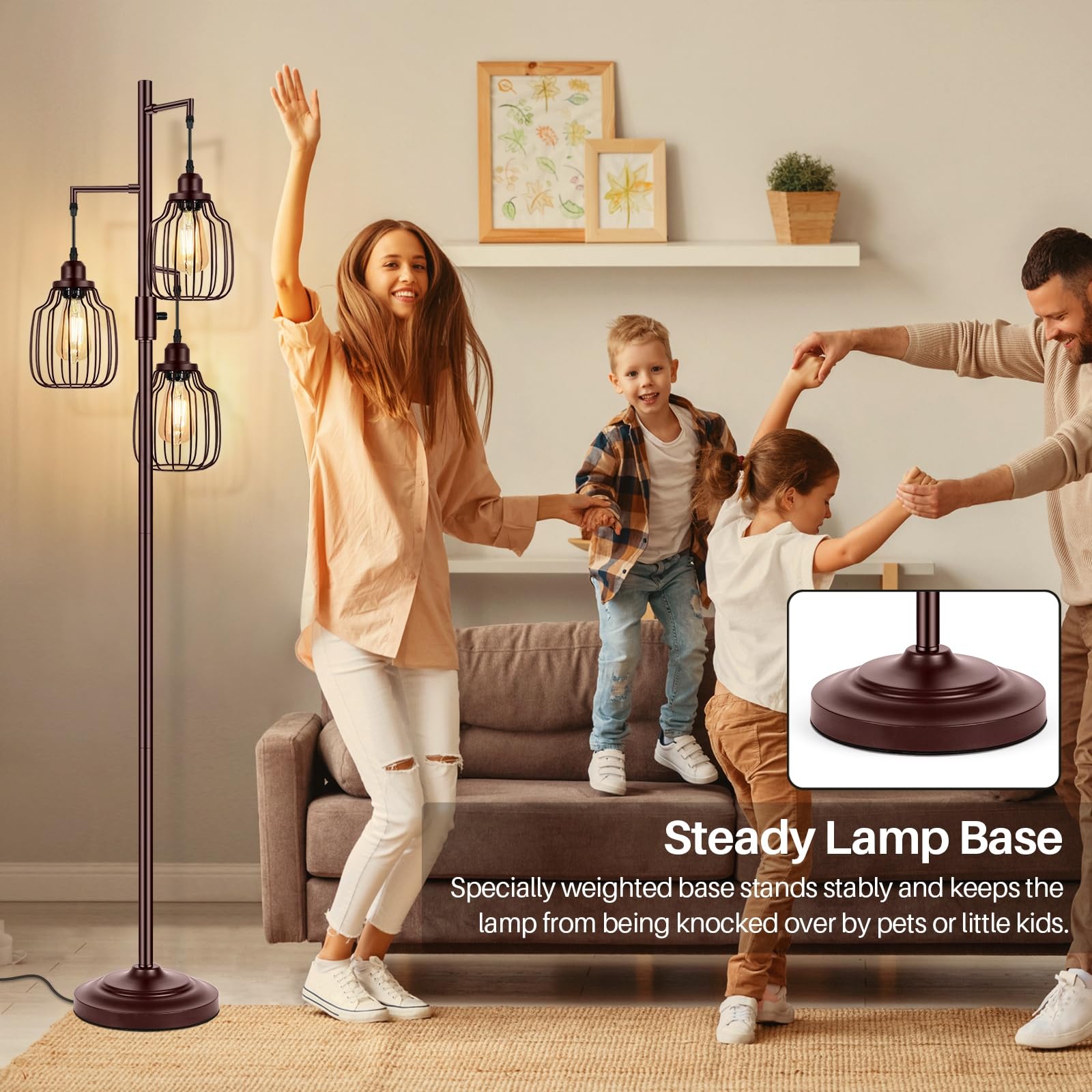 Dimmable Industrial Floor Lamp with 3 LED Edsion Bulbs, Farmhouse Tall Standing Lamp for Living Room, Rustic Brown Tree Floor Lamp, Bright Vintage Pole Light with Cage Shades for Bedroom Home Decor