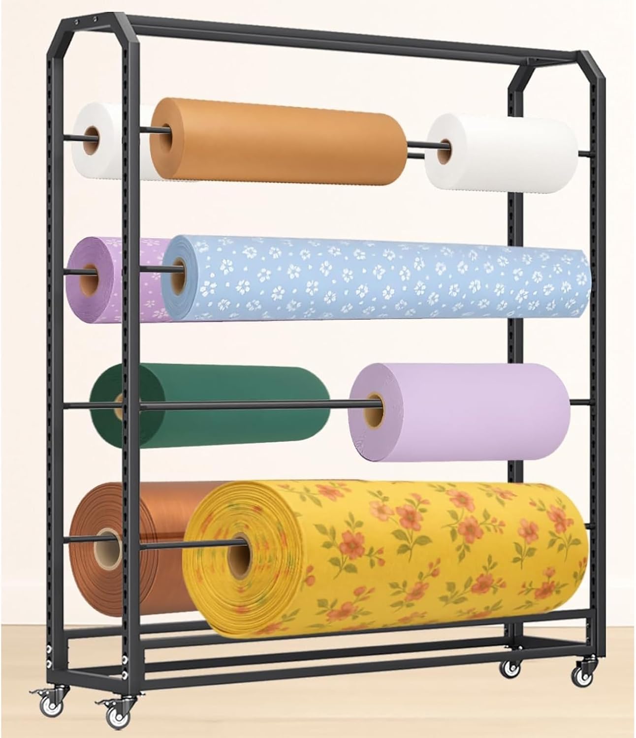 Mobile Fabric Roll Storage Rack with Adjustable Hanging Rods, Vinyl Cart Organizer on Wheels for Leather, Window Film & Wallpaper Display (16 Rods)