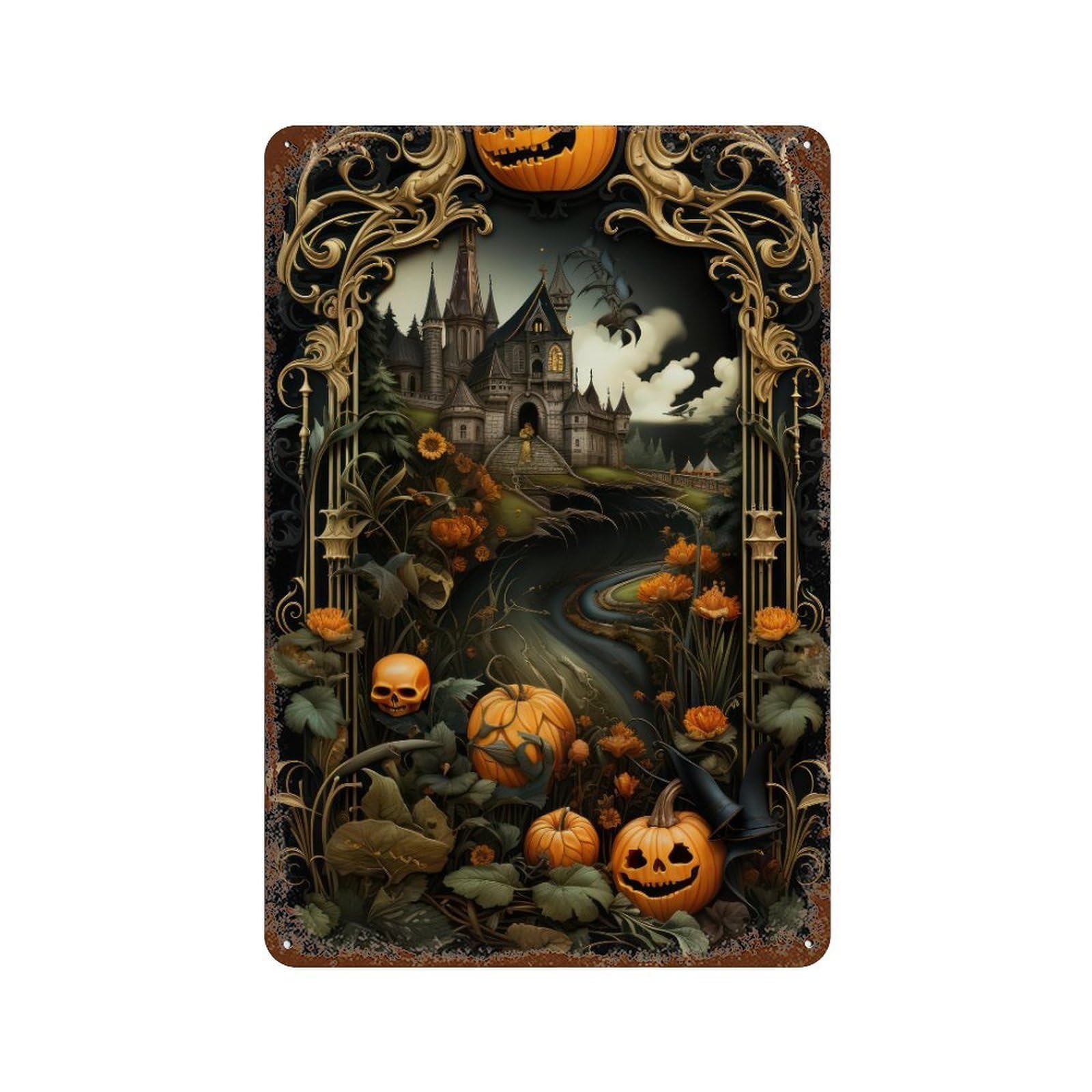 Halloween Castle Scene Aged Metal Wall Plaque 11.8"x7.9", for Office, Studio And Wall Decor, Novelty Wall Decor