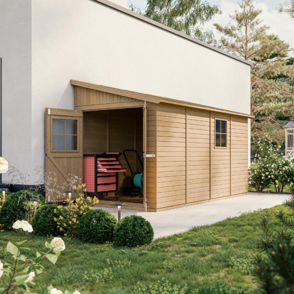 Cobertizo de Madera para jardín SIN Pared Lateral- con Suelo TRATADO – H243x216x416 cm/8 m2 Cobertizo de Madera Natural - Taller de Jardín - TIMBELA M340+M340G