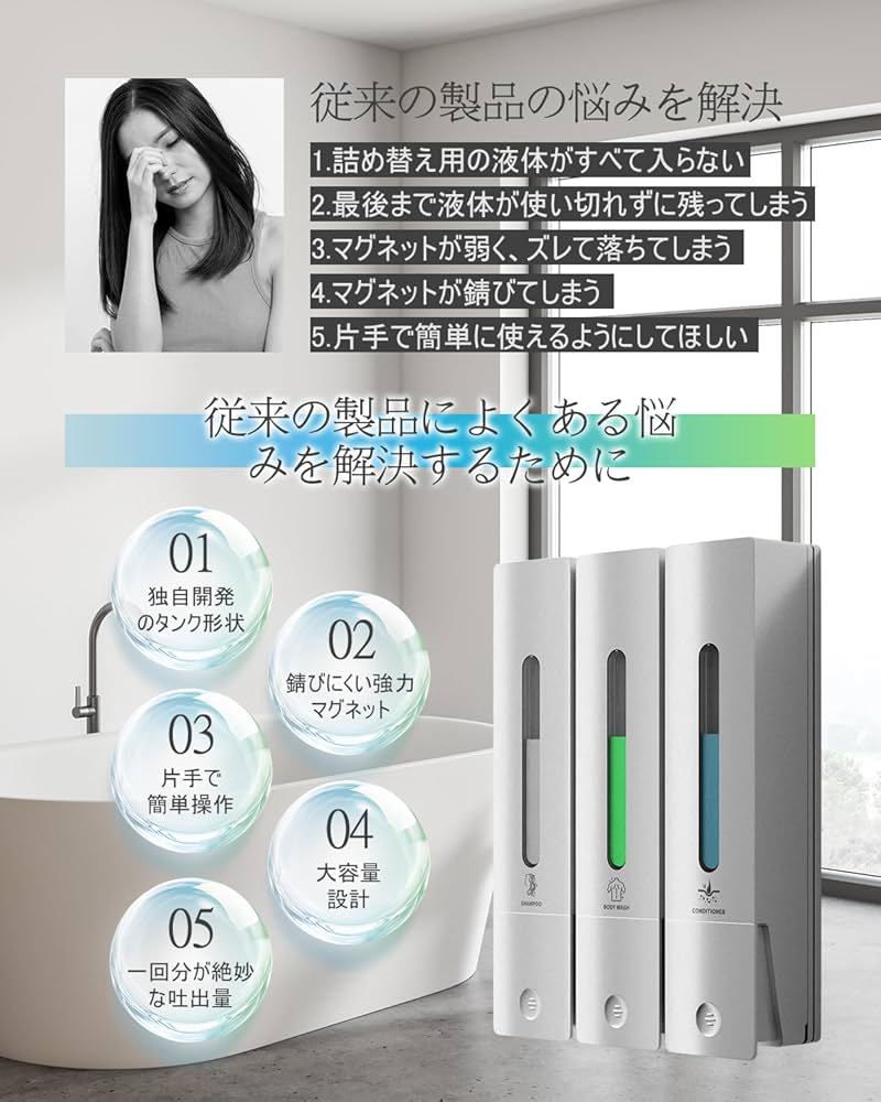 Amazon｜シャンプーボトル 3室｜壁掛けタイプ 各400ML